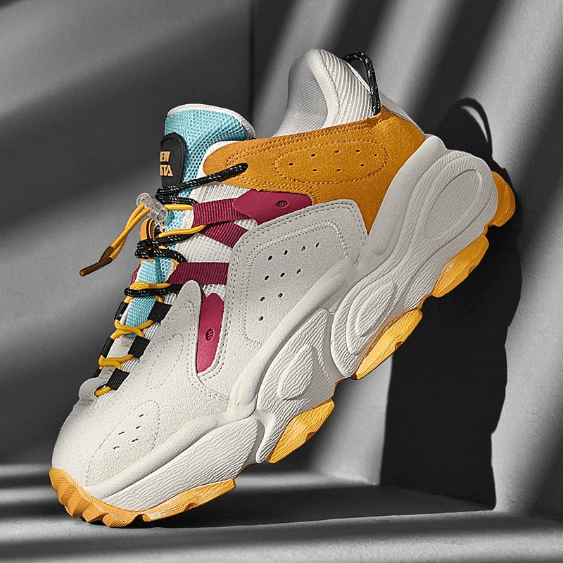 Colorful waterproof running shoe with thick bottom and breathable leather, featuring outdoor-ready EVA sole for stability and comfort.